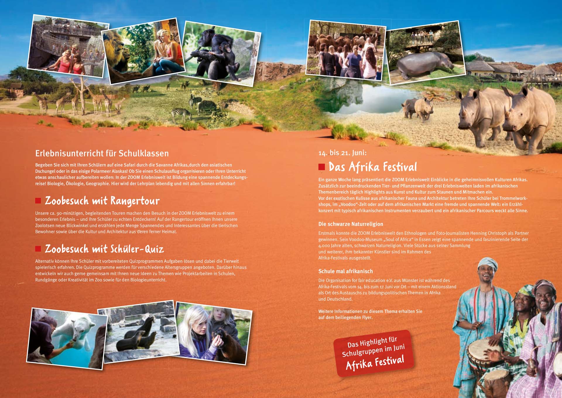 ZOOM Erlebniswelt Broschüre zur Information von Schulausflügen in den Zoo.
