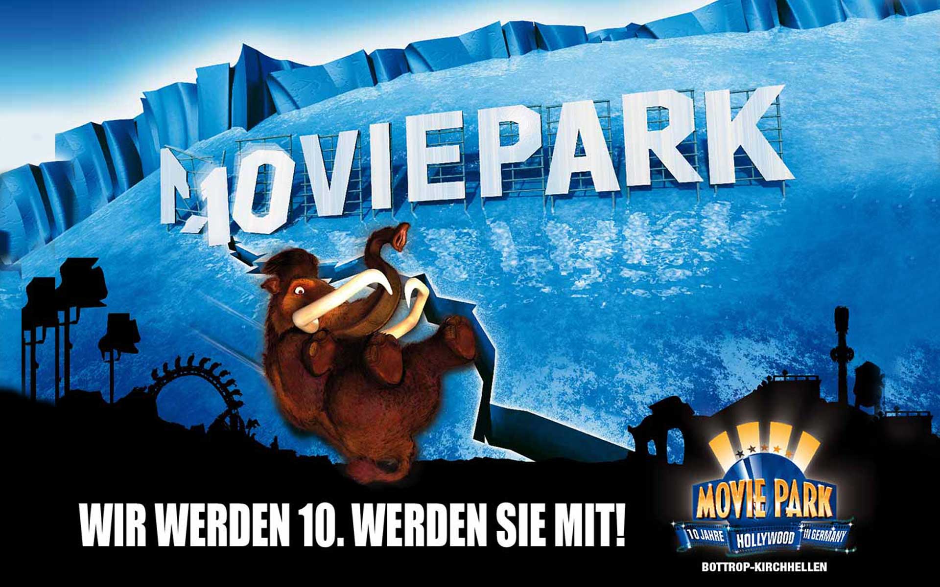 Plakatwerbung für die neue Attraktion Ice Age im Movie Park Germany