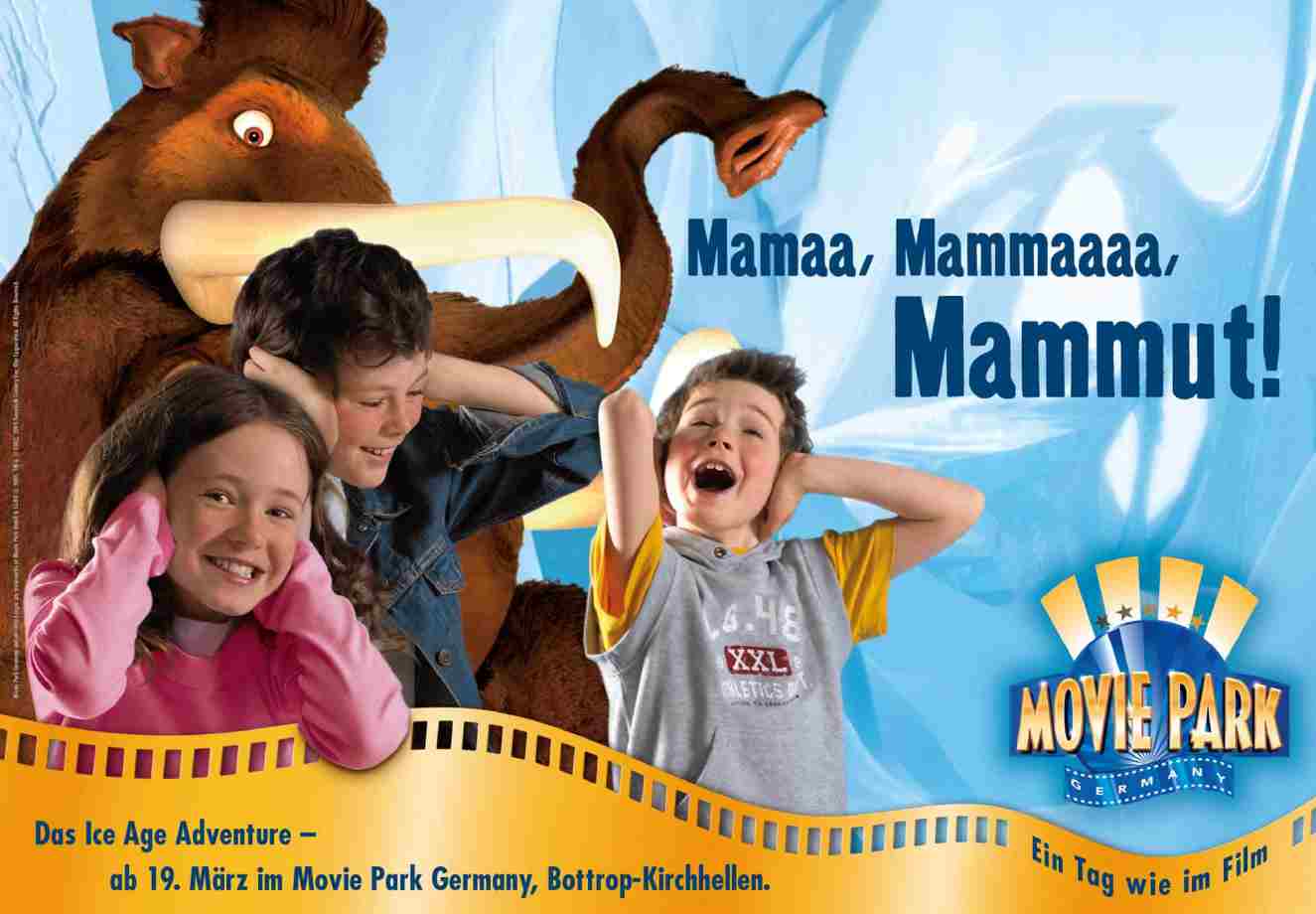 Werbemotiv Kinder zusammen mit Mammut aus dem Film Ice Age